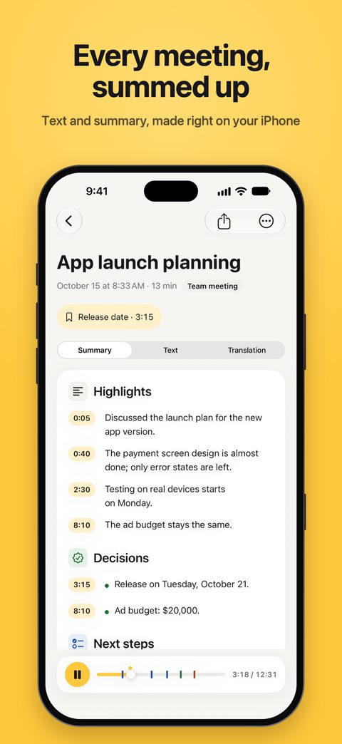 A meeting summary in Zapyso with the time of each point