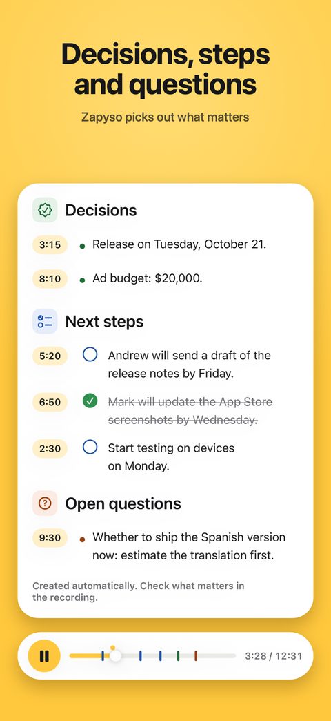 Decisions, steps and questions, sorted